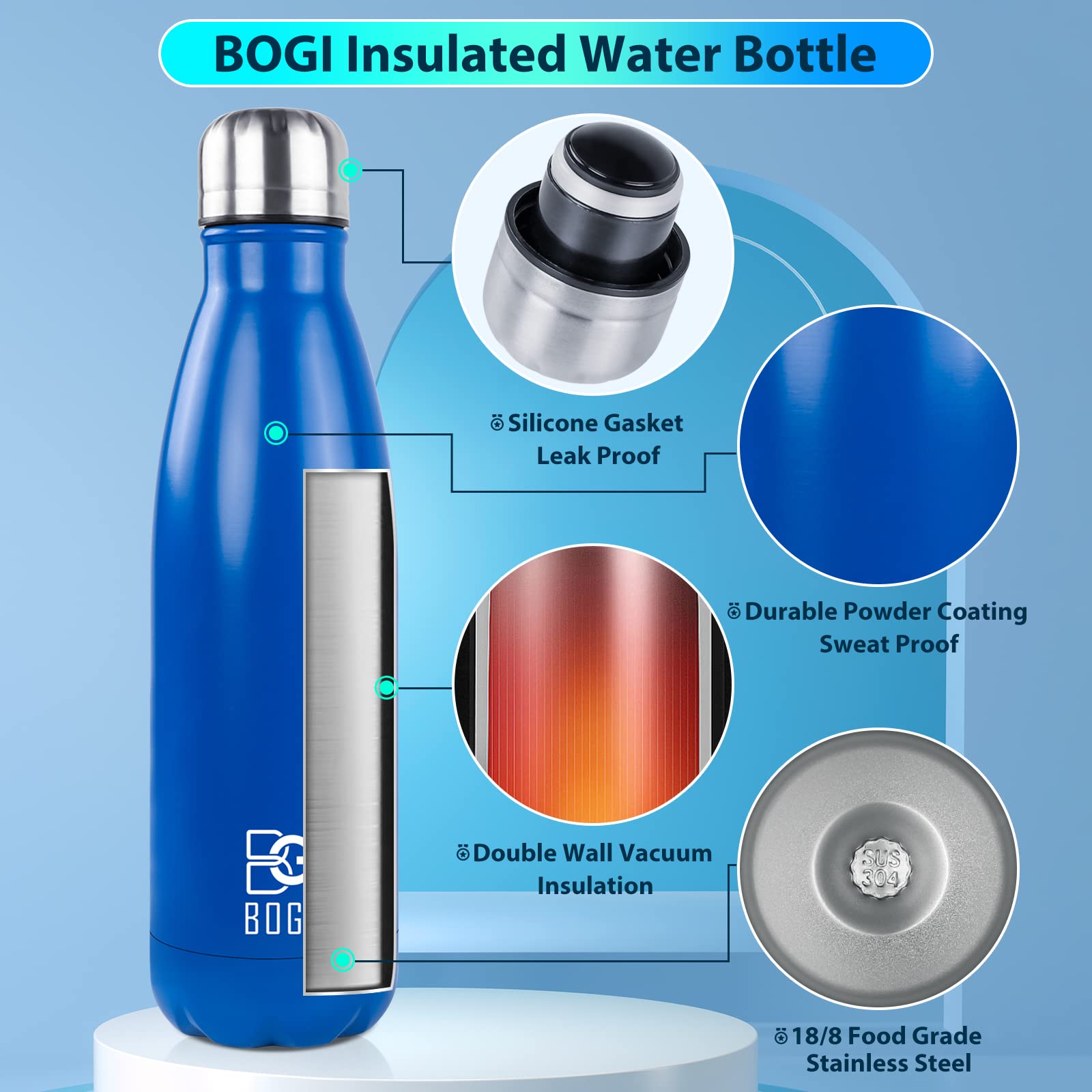 Bogi 2 Pack 17Oz Insulated Water Bottle Double Wall Vacuum Stainless Steel Water Bottles, Leak Proof Metal Sports Water Bottle K